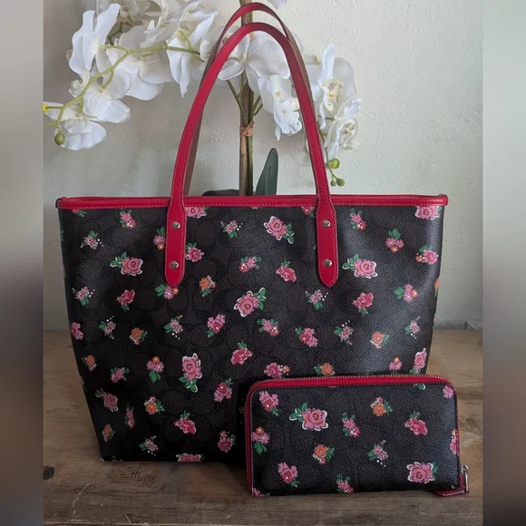 Coach City Tote Brown Leather Signature C Floral Print With Red Trim And Wallet - Picture 2 of 15